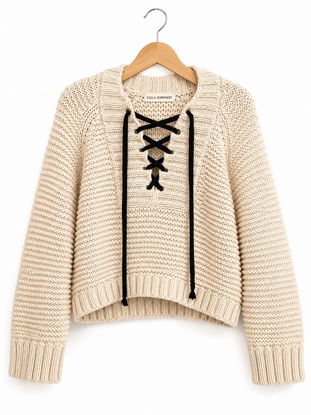 Ulla Johnson Marland Lace Up Chunky Knit Sweater Cream Black Small